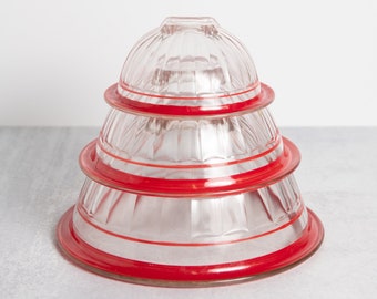 1940's Bartlett-Collins Red Rimmed Clear Glass Nesting Bowl Set of 3
