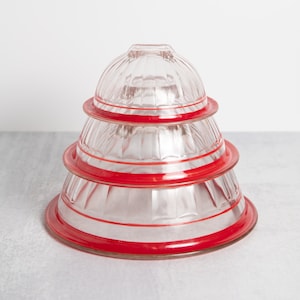 1940&#39;s Bartlett-Collins Red Rimmed Clear Glass Nesting Bowl Set of 3