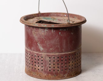 Vintage Metal Minnow Bucket with Hinged Lid and Handle