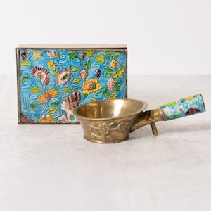 Set of Chinese Brass Coal Silk Iron with Matching Trinket Box Cloisonne Enamel Decorated