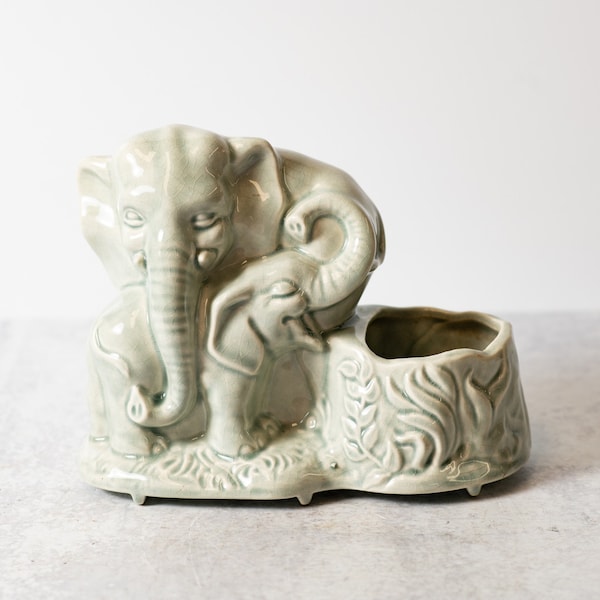 Vintage Ceramic Mom and Baby Elephant Sage Green Glazed Planter