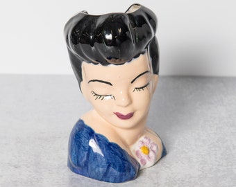 Glamour Girl Ceramic Lady Head Vase with Purple Lips and Black Hair