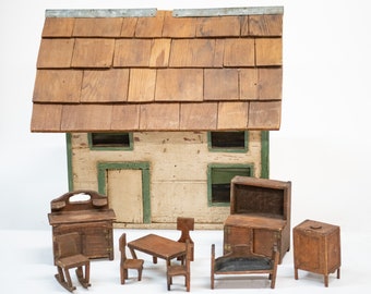 Primitive Handmade Antique Wooden Doll House Miniature Farm House with Furniture Folk Art