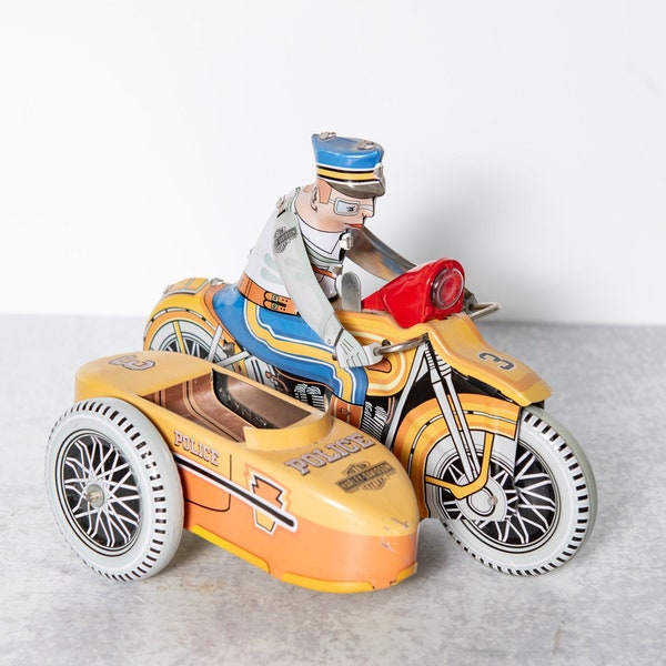 Tin Litho Wind Up Harley Davidson Police Motorcycle with Sidecar