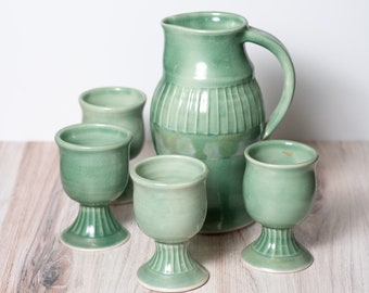 Handmade Turquoise Glazed Ceramic Set of 5 Pitcher and 4 Pedestal Cups or Goblets