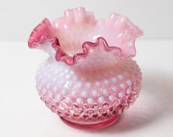 Fenton Opalescent Pink or Cranberry Hobnail Ruffled Vase