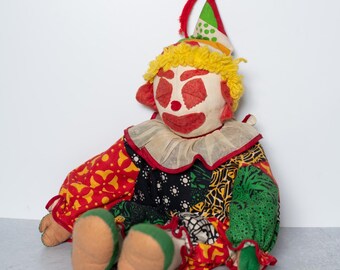 Hand Made Vintage Stuffed Clown Doll in Patchwork Clothes