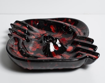 Mid Century Very Large Ceramic Cigar & Cigarette Ashtray with Abstract Black and Red Design with Unique Pipe Holder in Center