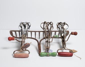 Various Vintage Kitchen Hand Crank Metal Egg Beaters with Wood Handles
