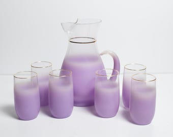 Vintage Blendo Purple Fade with Gold Accent Pitcher and 6 Glass Set