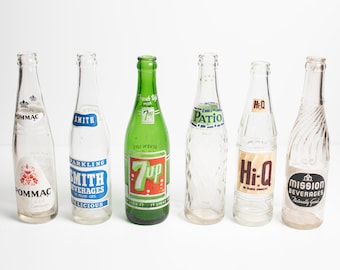 Vintage Glass Soda Bottles Pommac, Smith, 7up, Patio, Hi-Q, and Mission Beverages