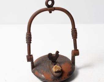 Antique Cast Iron Hanging Betty Miners Tunnel Oil Lamp with Rooster Motif