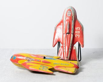Pair of Vintage Tin Litho Toys / 306 & 305 Rocket Space Ships by Automatic Toy Co.