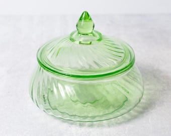 Antique Anchor Hocking Green Uranium Glass Lidded Candy Dish with Swirl Design