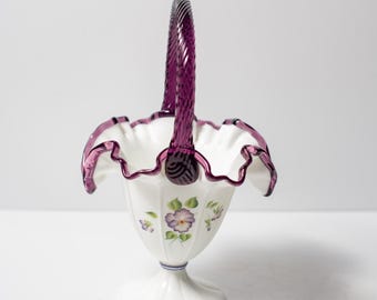 Fenton Milk Glass and Purple Basket with Handle and Hand Painted Pansies
