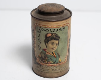 Corylopsis of Japan Toilet Talcum Powder / Adhesive Paper Wrapped Tin with Traditional Japanese Imagery in Advertising