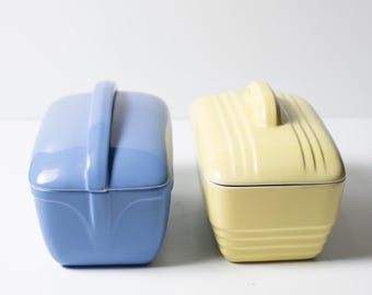 1940's Halls China for Westinghouse Ceramic Covered Refrigerator Dishes in Yellow 5064 and Blue 5074