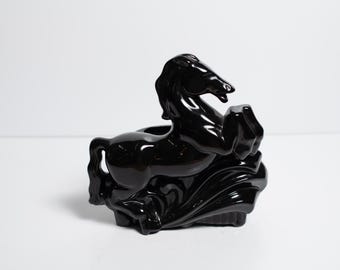 Mid Century Rearing Black Stallion Horse Ceramic Planter