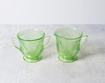 Antique 1930's Federal Georgian Lovebirds Green Uranium Glass Creamer and Sugar Set