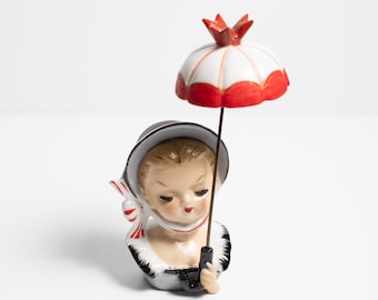 Numbered Ceramic Lady Head Vase Girl with Bonnet and Umbrella Japan Made Thames