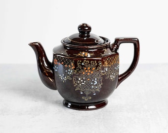 Vintage Japanese Redware Moriage Teapot with Gold Accents