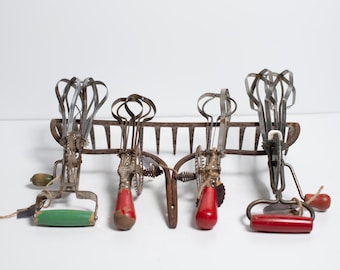 Various Vintage Kitchen Hand Crank Metal Egg Beaters with Wood Handles
