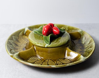 California Pottery Ceramic Divided Dish Fruit and Veggie Tray with Strawberry Motif Lid