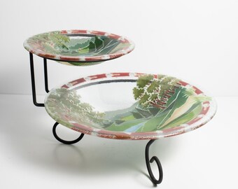 Fused Glass Server Chip and Dip or Salad Bowl Set Golf Themed Retired Peggy Karr