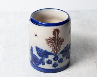 Salt Glazed Earthenware or Stoneware German Stein or Mug with Cobalt "Flow" Blue Designs