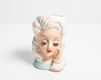 Victorian Style Ceramic Lady Head Vase with White Hair or Powder Wig and Bracelet, Made in Japan