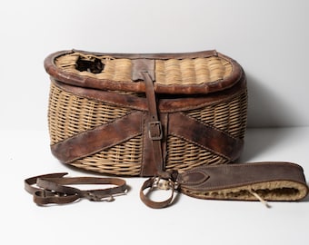 Vintage Trout Creel Fly Fishing Basket Wicker and Leather