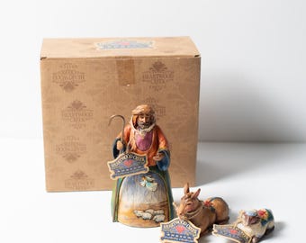 Jim Shore Wood Carved 3 Piece Set "Let Earth Receive Her King" (Shepherd, Donkey and Sheep) with Original Box