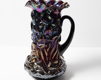Antique Dugan Heavy and Large Carnival Glass Pitcher with Iris Pattern in Iridescent Deep Purple or Amethyst
