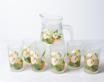 Frosted Pitcher with Calla Lily Motif / 5 Matching Glasses manufactured by Brilliant Product of Indonesia