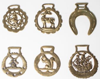 Vintage Brass Horse Medallions Lot of 6 / Individual Purchase / Squirrel, Horse, Stag, Horseshoe, Windmill, and Mayflower