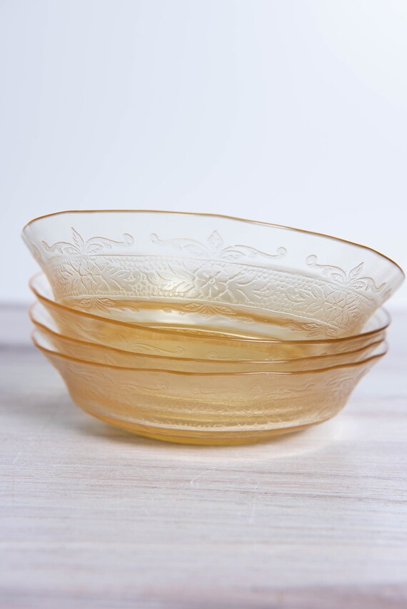Set of 4 Vintage Yellow Glass Bowls With Etching Etsy