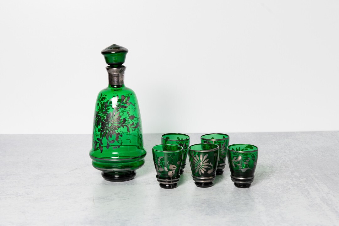 Vintage Emerald Green Glass Decanter Set With Silver Floral Details Etsy