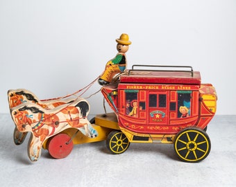 1954 Fisher Price Wooden Pull Toy Gold Star Lines Stage Coach #175