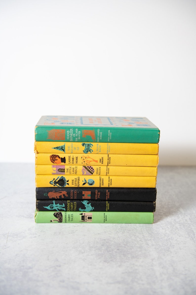 Set of 8 Junior Deluxe Editions Hard Cover Books 1950's Editions Grimm's, Robin Hood, Wizard of Oz, Anderson's, Prince, Lassie, Hans, MORE image 1