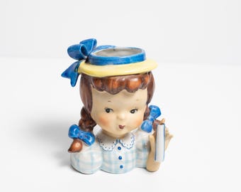 Vintage Napco School Girl Head Vase Planter with Blue Checkered Shirt and Hat