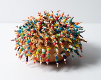African Folk Art Dried Gourd and Bead Box with Fabric Lining