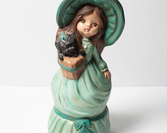 1979 Ceramic Figure Bonnet Girl with Puppy Dog in Mint Green Dress