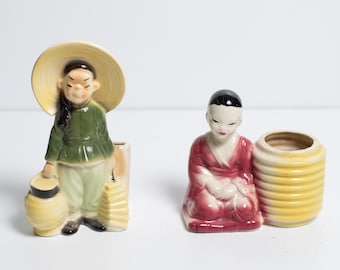 Royal Copley Ceramic Planters Asian Figures with Baskets