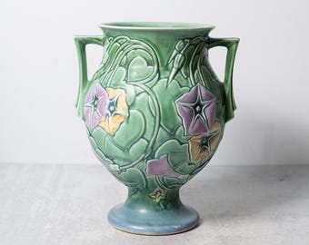 Roseville Pottery Vase Green Morning Glory with Double Handles #728-9