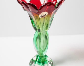 J.I. Co. Venetian Glass Vase in Red and Green Abstract Design, Made in Italy / Murano Glass