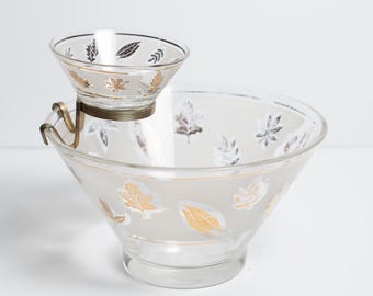 Libbey Glass Chip and Dip Bowl Set with Metal Cradle, Gold Leaf Pattern