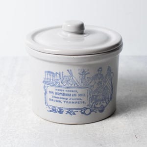 Advertising Vintage Toys Stoneware Crock with Lid / Hobby Horses, Shuttlecocks, Dolls, Instruments