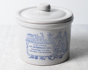 Advertising Vintage Toys Stoneware Crock with Lid / Hobby Horses, Shuttlecocks, Dolls, Instruments