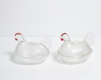Indiana Glass Co Clear Glass Hen on a Nest Dish with Red Painted Comb + Wattle / 2 Available