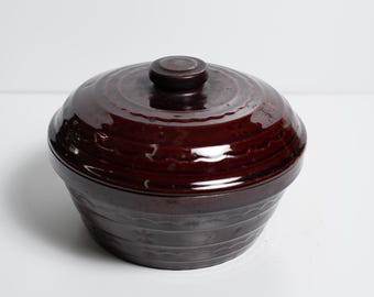 Marcrest Brown Daisy Dot Pattern Stoneware Casserole Dish with Lid 1950's-60's